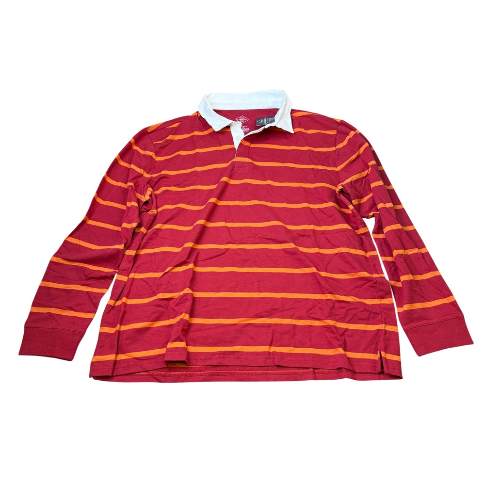 MSRP $38 St. John's Bay Mens XL Red Orange Stripe Rugby Shirt Long Sleeve Polo